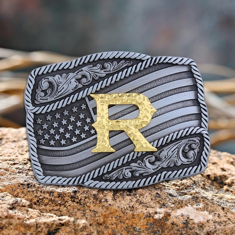 Fibbadet Store Western Cowboy Initial Letters A-Z American Flag Belt Buckle for Men Fathers Day Boyfriend Husband - Image 1